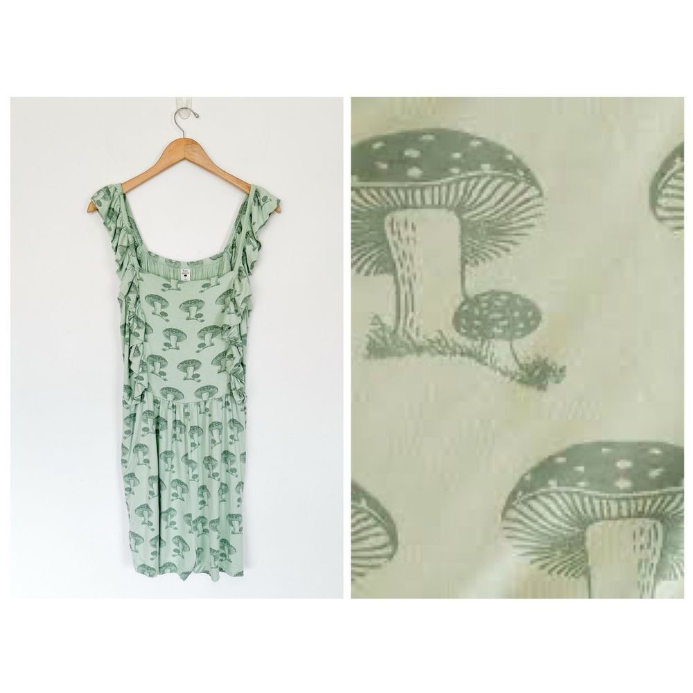 Kate Quinn Women’s Pinafore Ruffle Short Romper in Green Toadstool Whimsical Mus